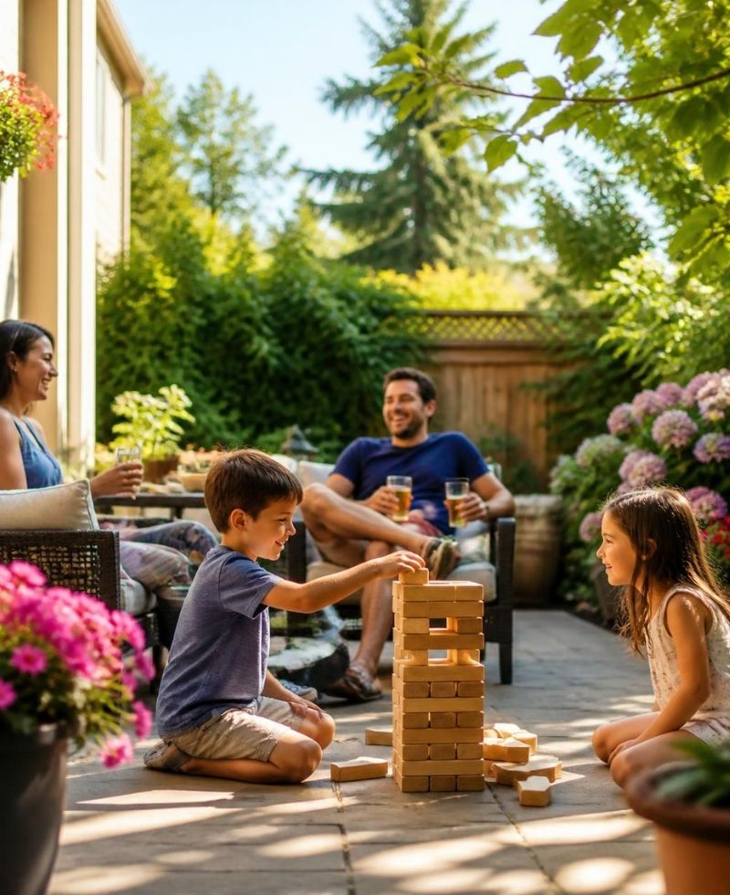 Family enjoying backyard